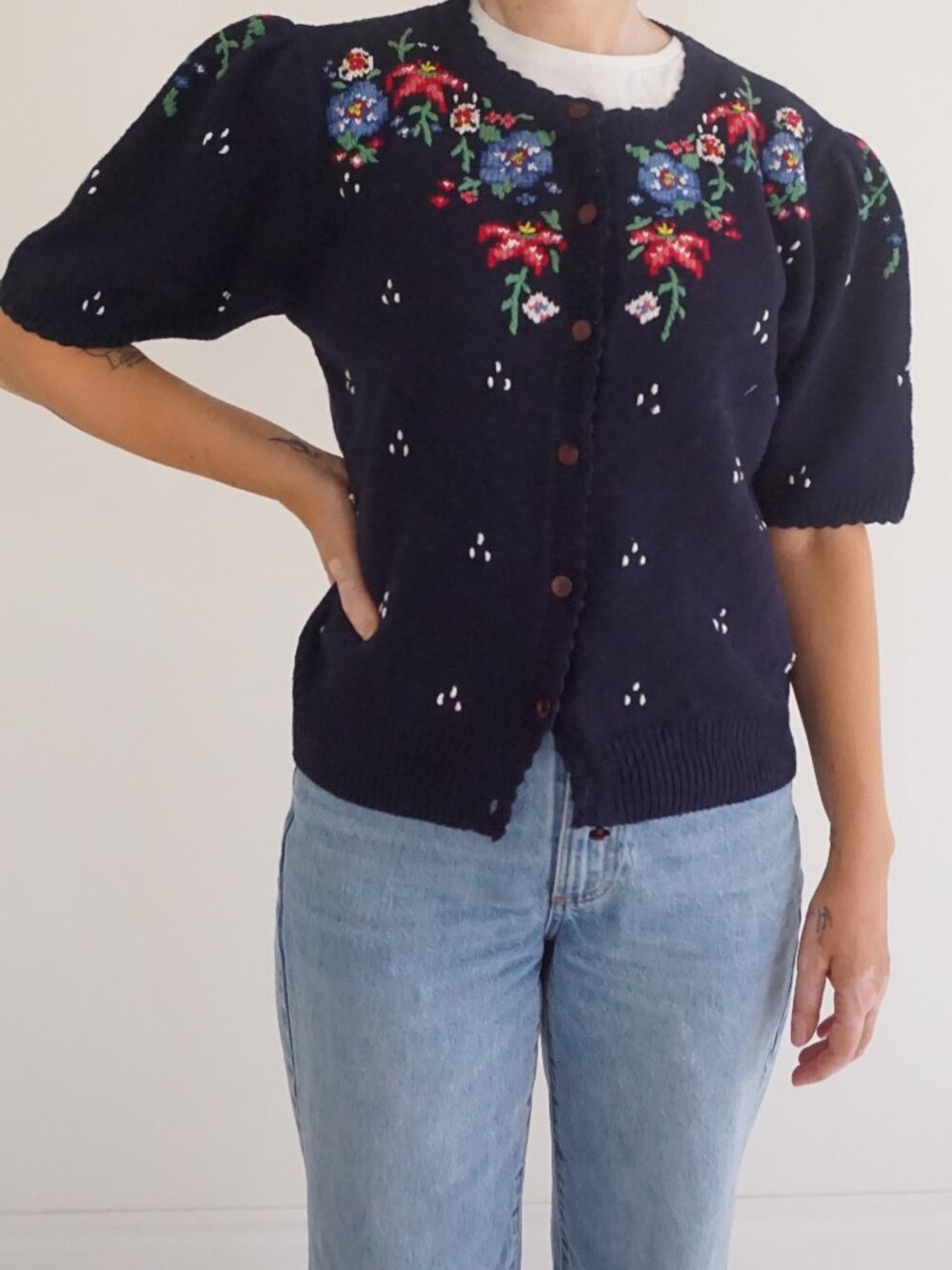 Vintage Herman Geist Navy Floral Embroidered Puff Sleeve Cardigan Cottagecore L